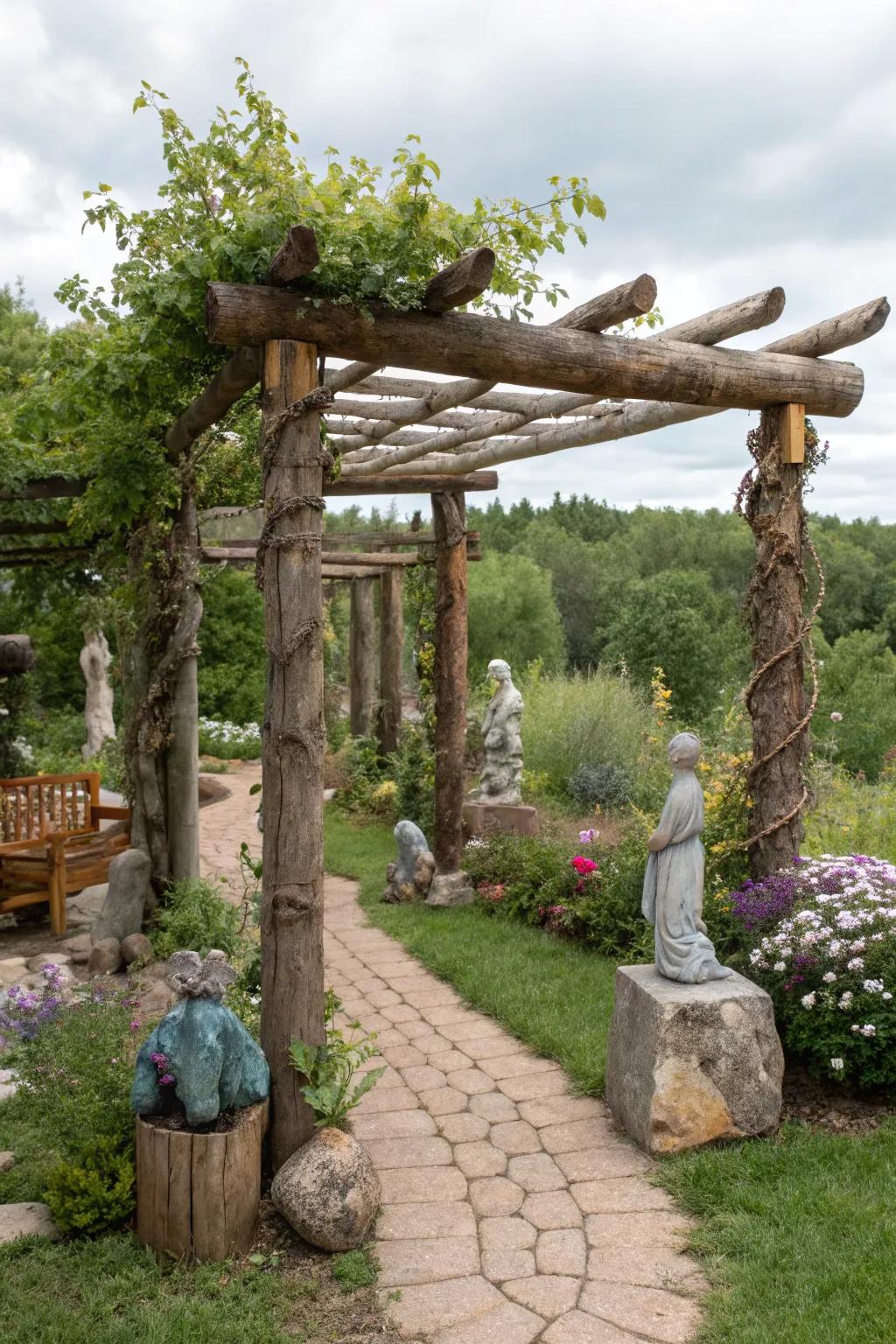 Artistic sculptures add character to a log pergola setting.