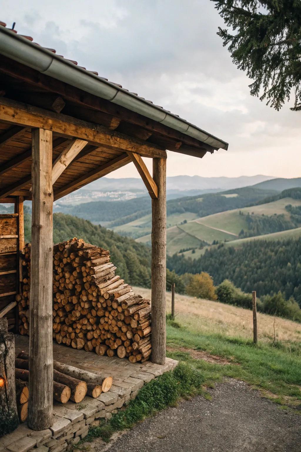 Rustic log shelters add countryside charm and functionality.
