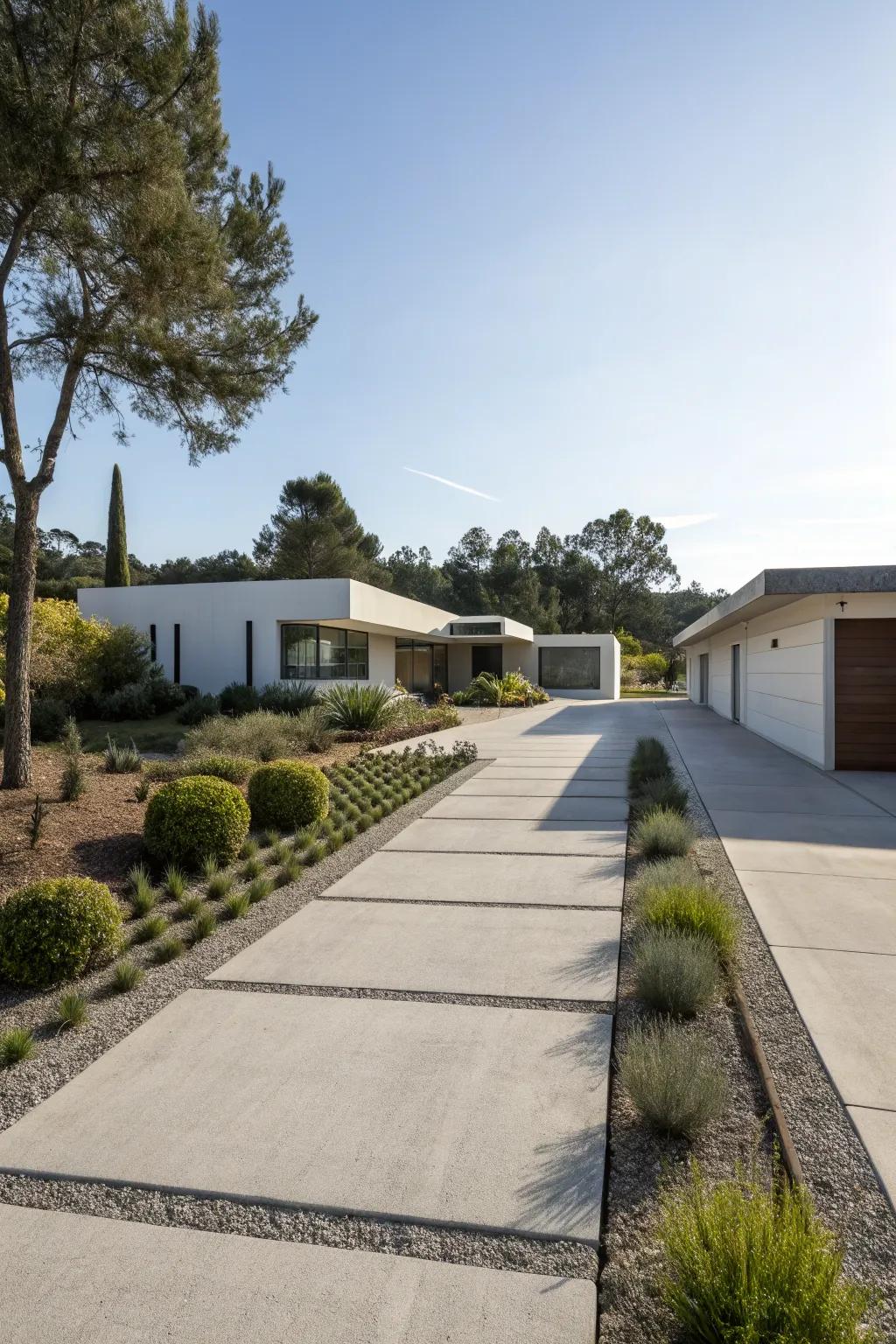 Minimalist landscaping provides a sleek and modern aesthetic