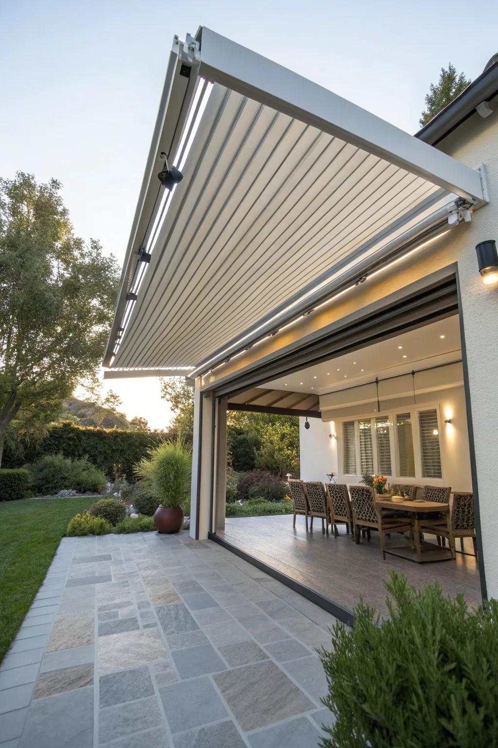 A dynamic retractable louvered cover in action.