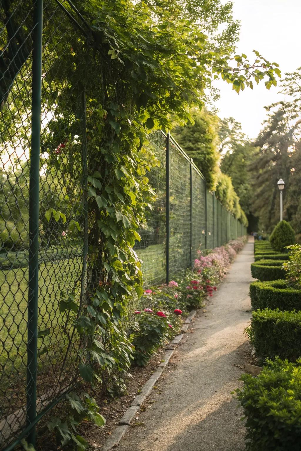 Climbing vines transform a basic chain-link fence into a green oasis.