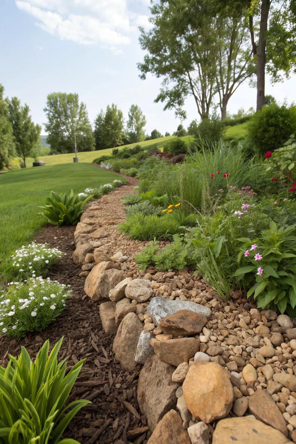 Rock mulch provides a low-maintenance and stylish ground cover.