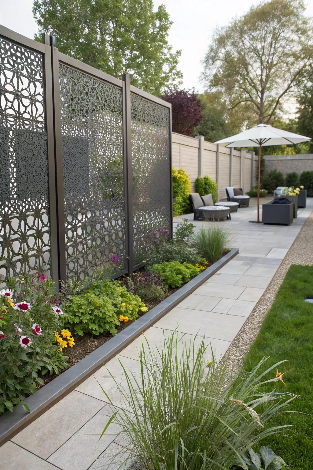 Perforated metal panels offer privacy with a modern artistic flair.