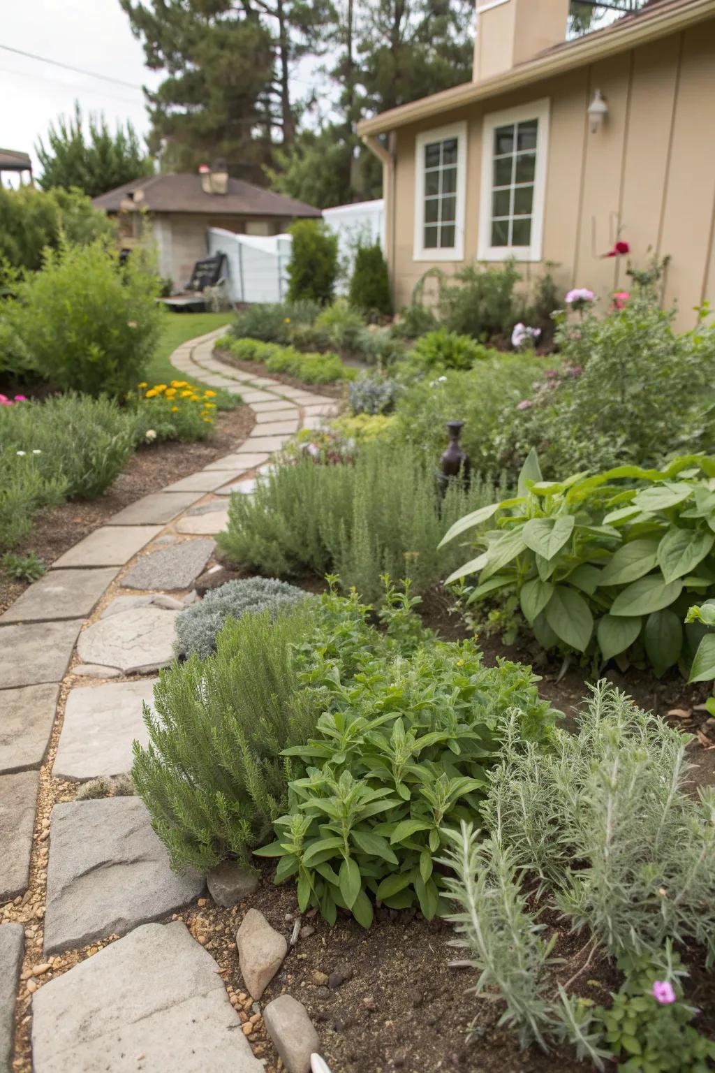 A practical and aromatic herb garden adding function to a front yard.