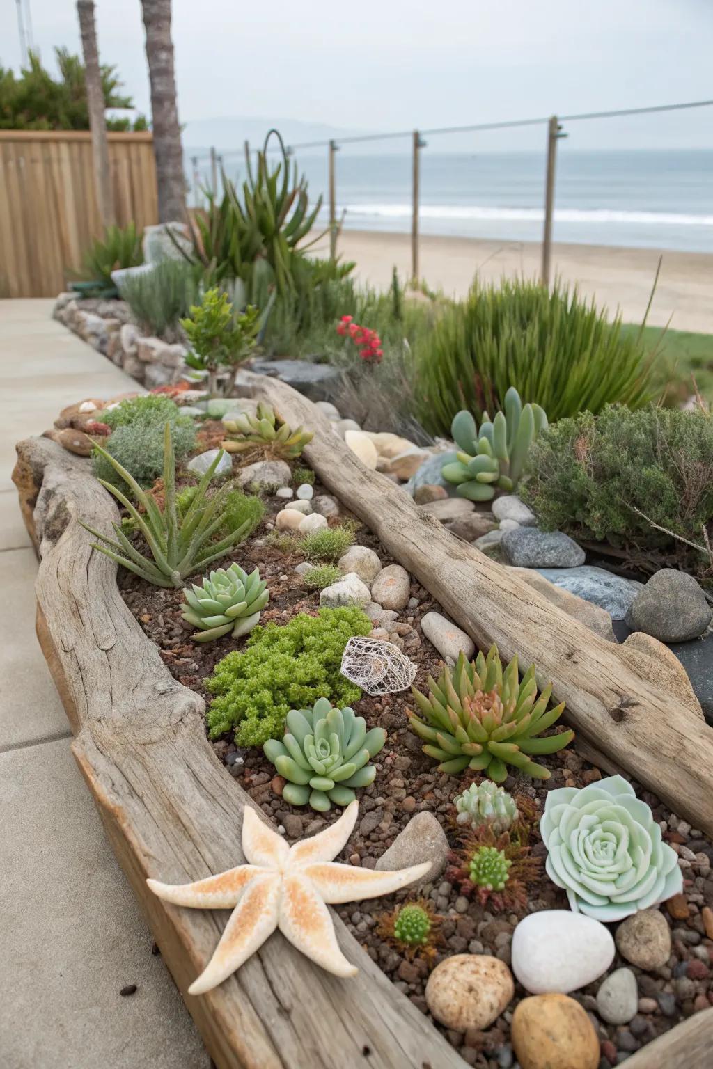 Natural elements like driftwood add a coastal touch to succulent gardens.