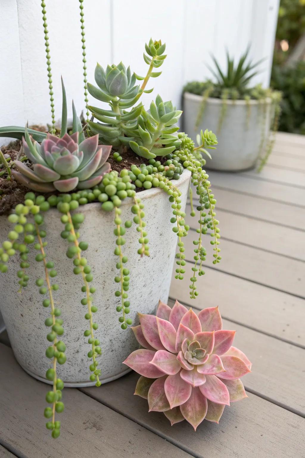 Textured greens with echeveria and string of pearls for a minimalist look.