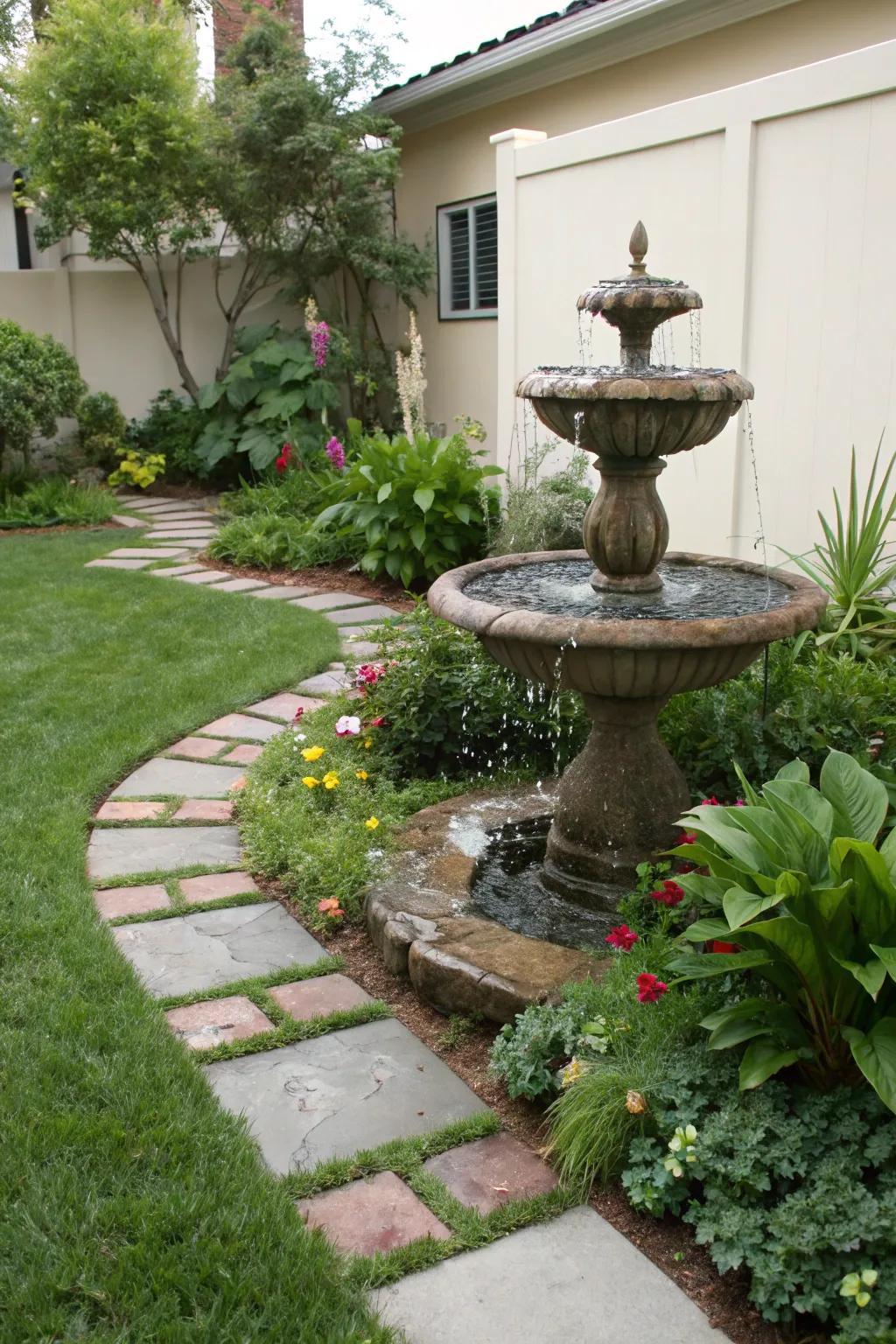 A serene water feature enhancing the tranquility of a side yard.