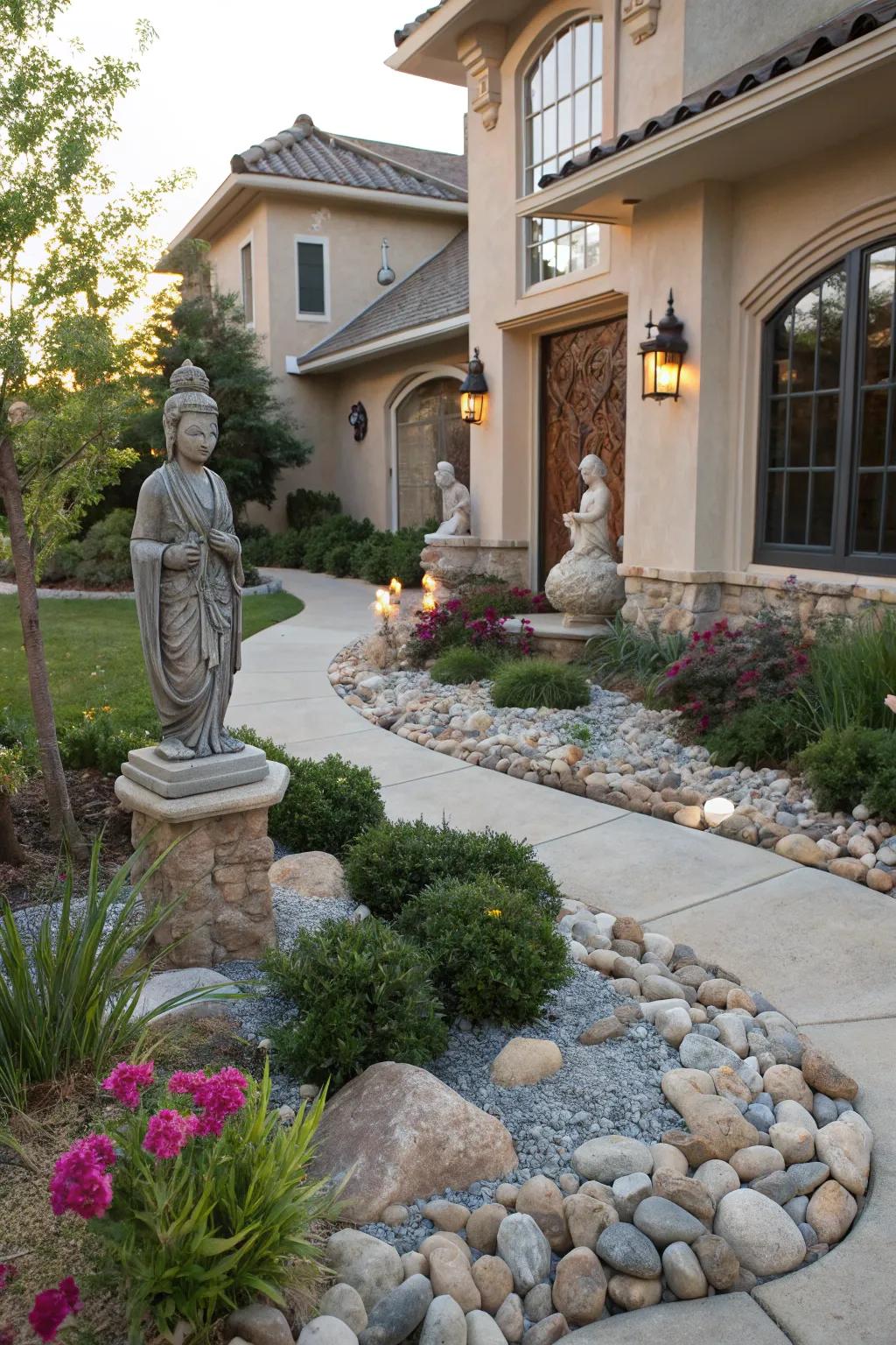 Artistic elements like sculptures add visual interest without additional maintenance.