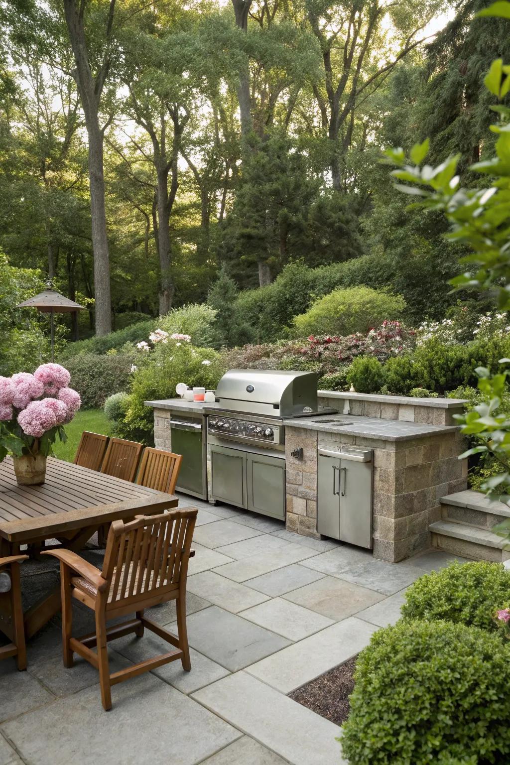 Artful landscaping creates a seamless connection between kitchen and garden.
