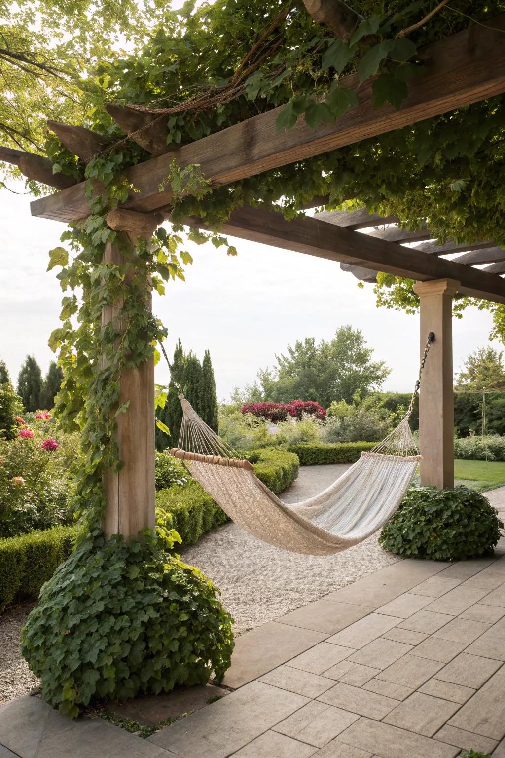 A hammock under a pergola offers a serene and relaxing retreat.