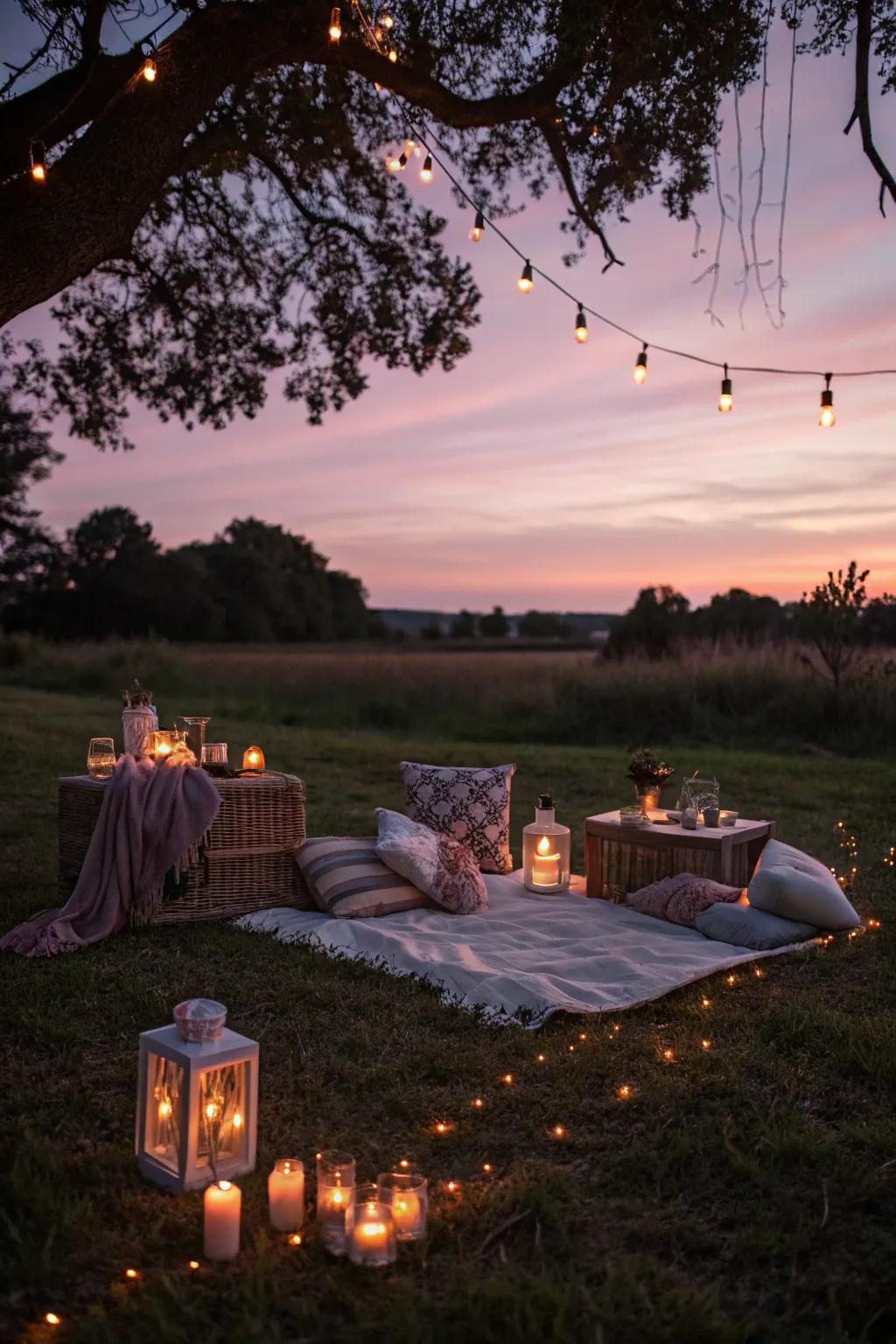 A dreamy picnic ambiance with candles and twinkling fairy lights.