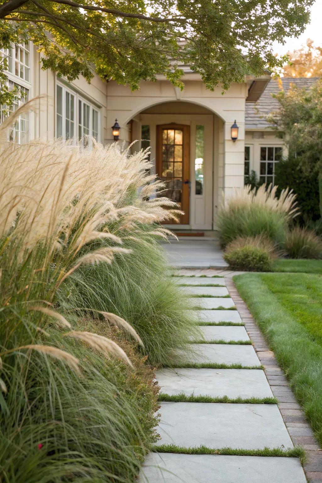 Welcome guests with a dynamic entryway lined with maiden grass.
