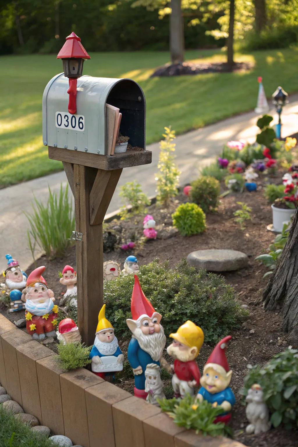 A gnome garden adds whimsy and joy to your mailbox area.