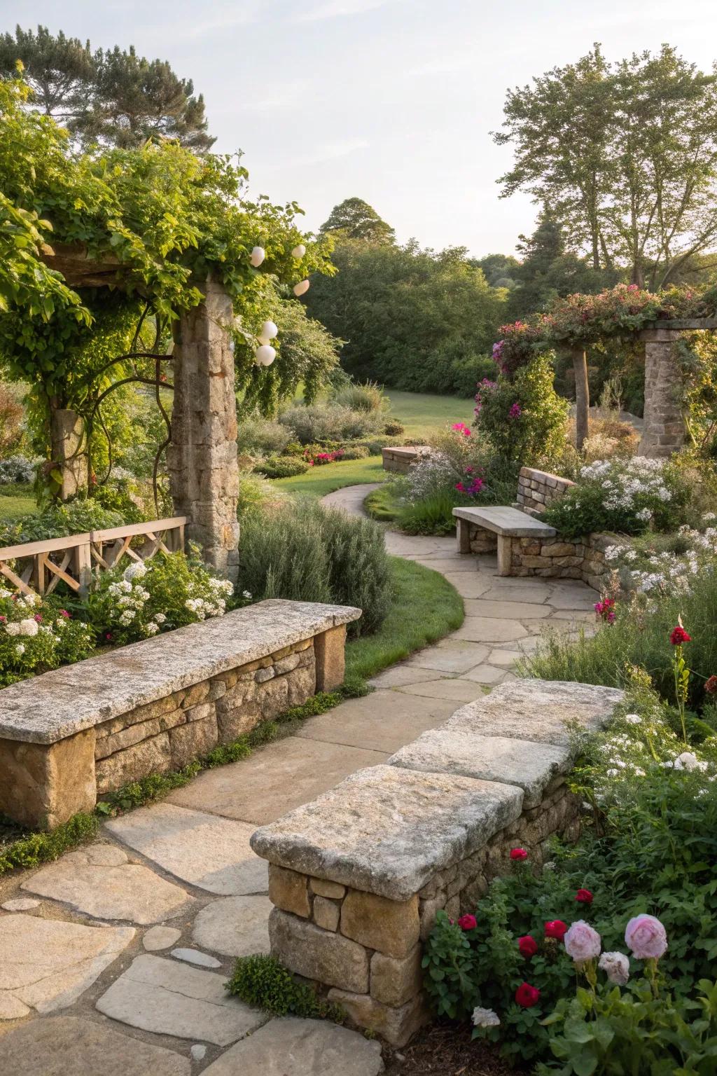 Rustic stone accents adding character to the garden.