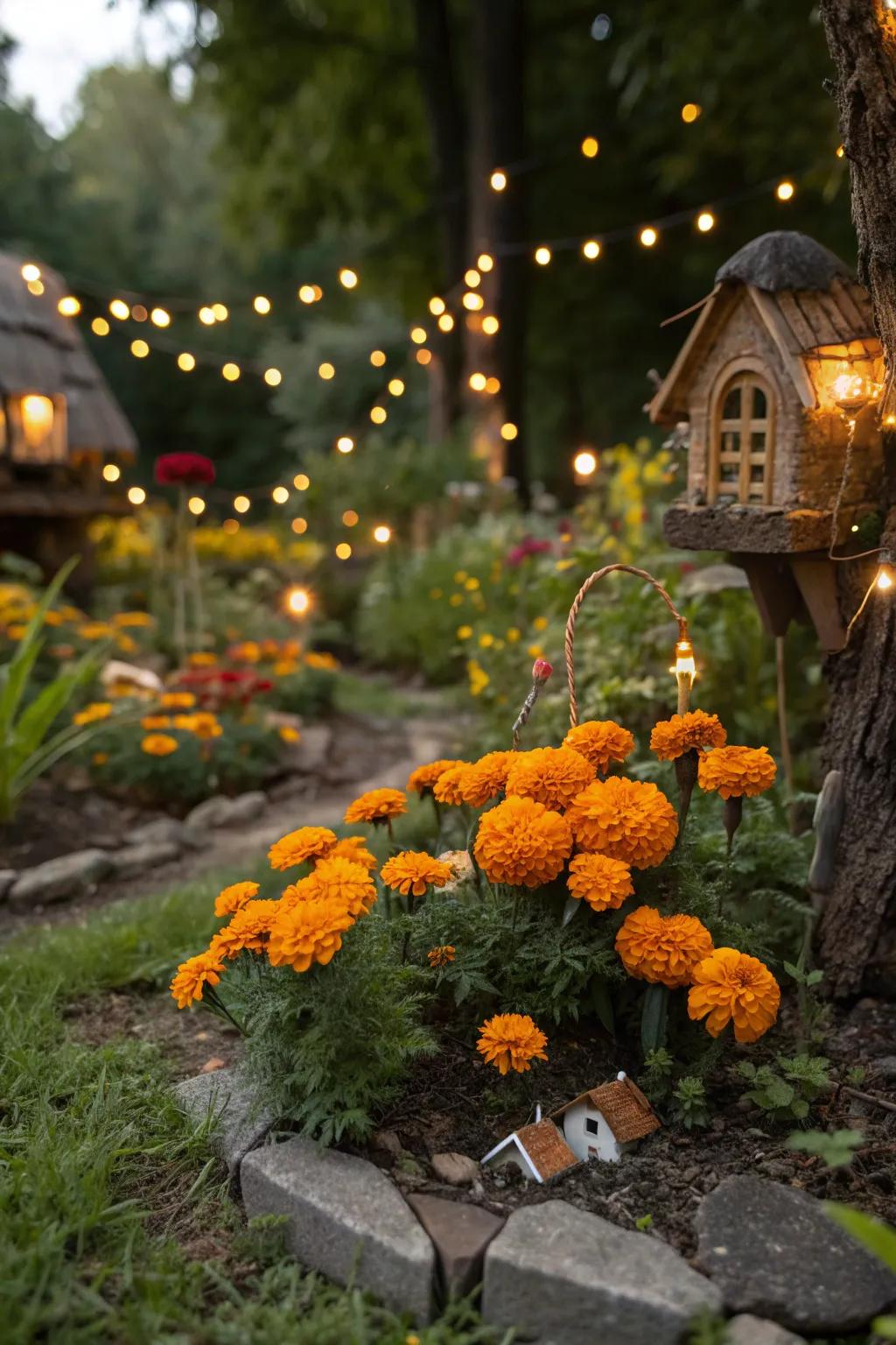 Marigolds add a magical touch to a whimsical fairy garden.