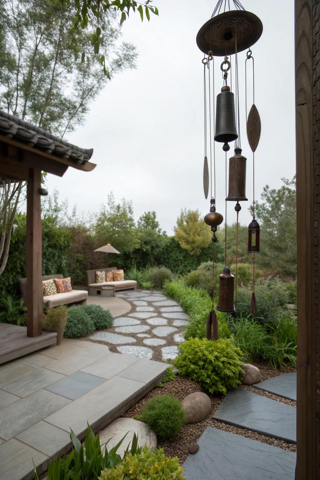 A peaceful patio with wind chimes creating a melodic ambiance.