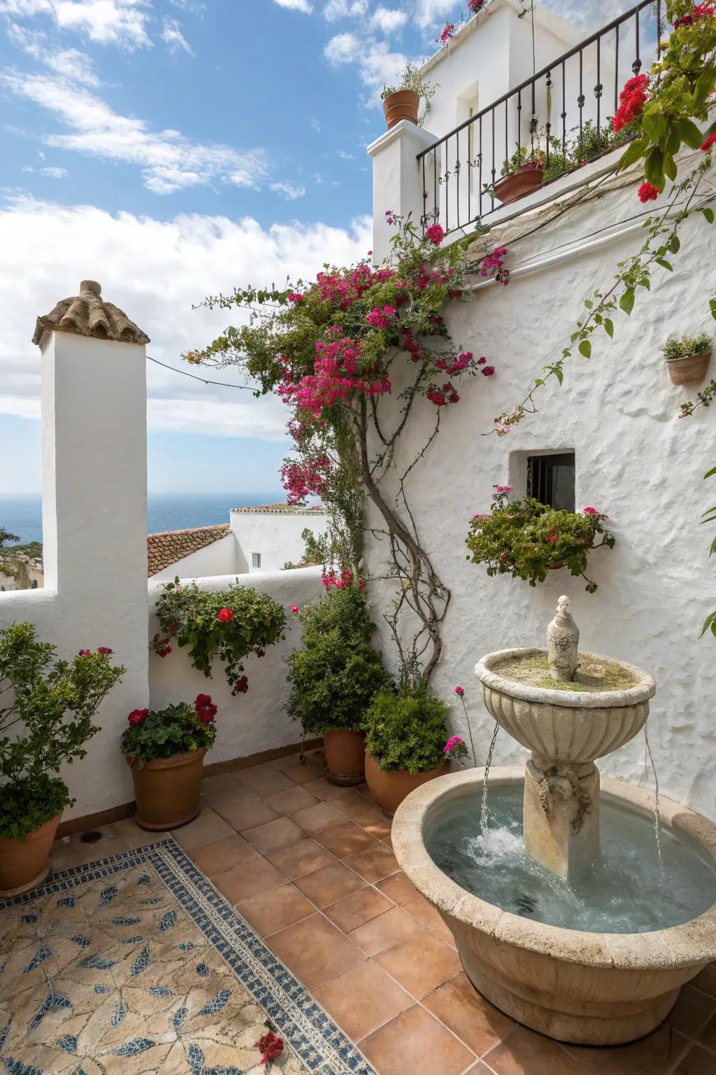 A small water fountain adds tranquility and elegance to this Mediterranean balcony.