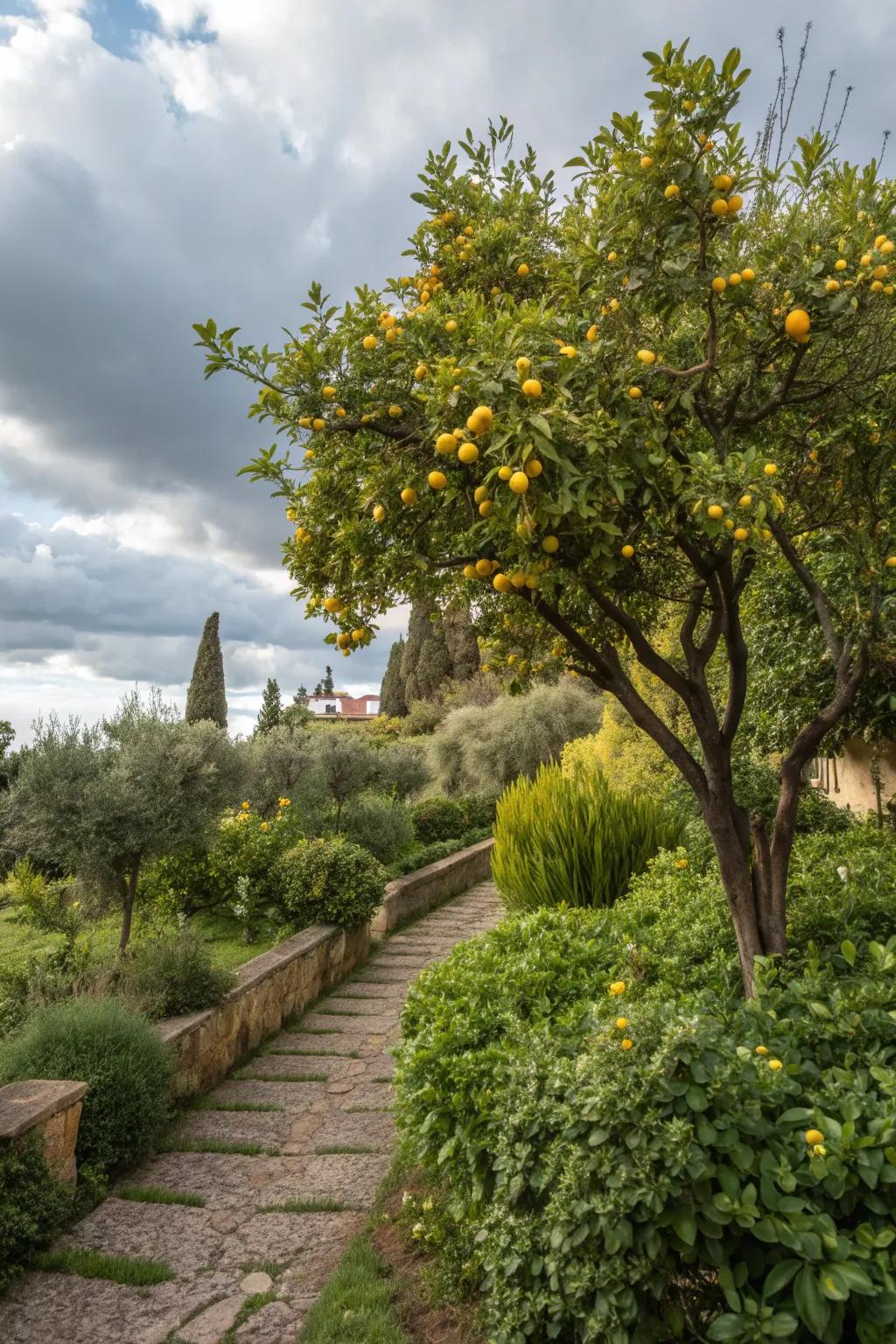Citrus trees add vibrancy and fragrance to the garden.