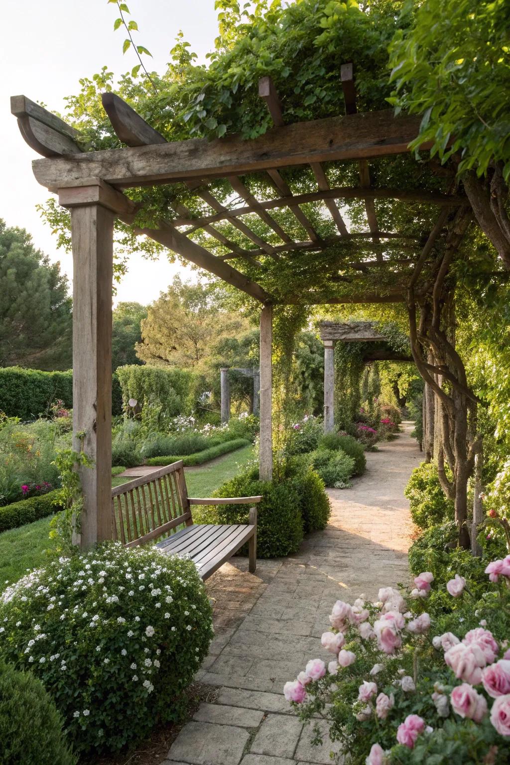 Pergolas offer shade and a tranquil retreat.