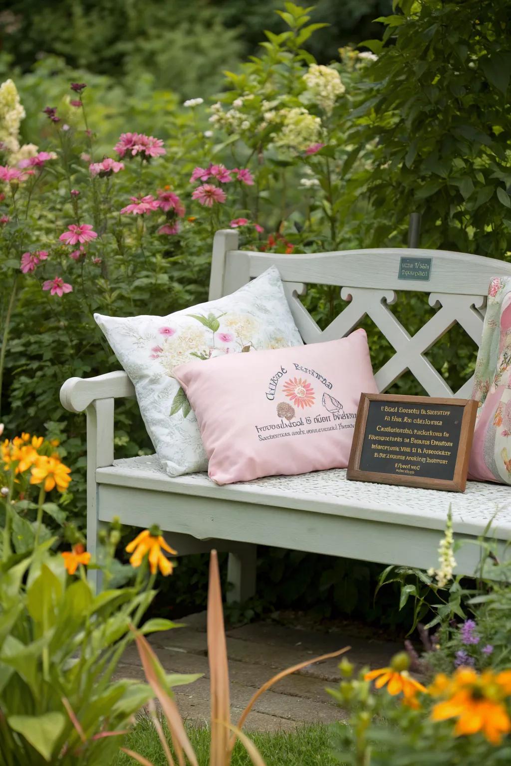 A memory bench invites reflection amidst garden beauty.