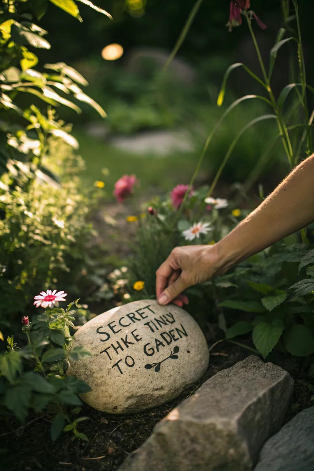 Hidden messages under stones add a personal touch to the garden.