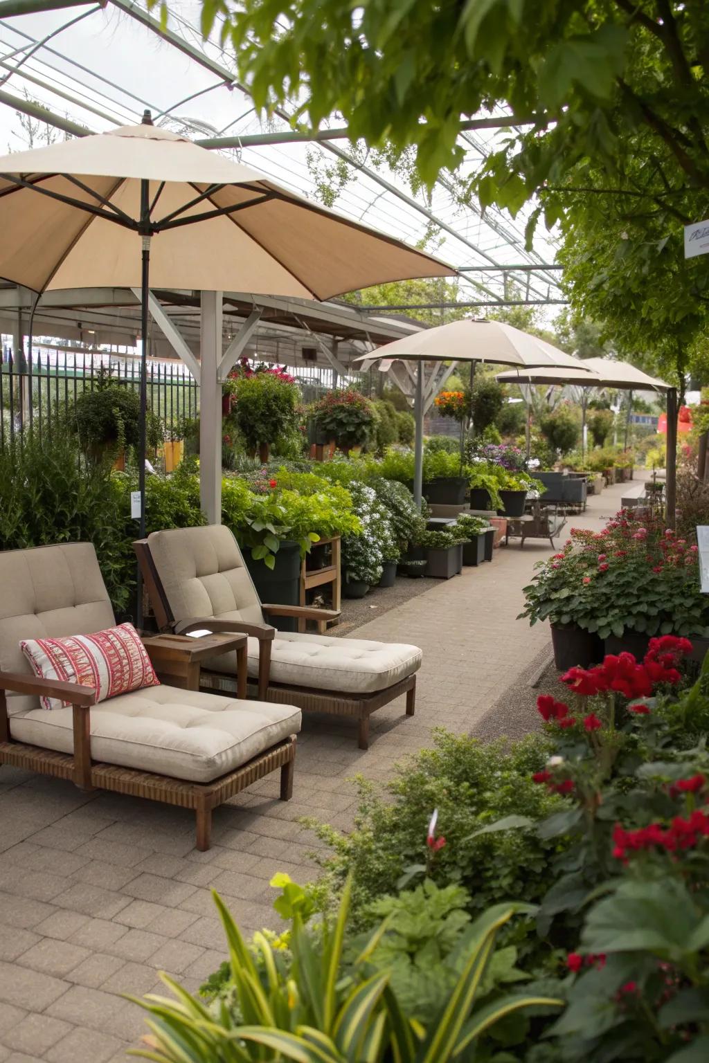A cozy garden display inviting customers to linger.