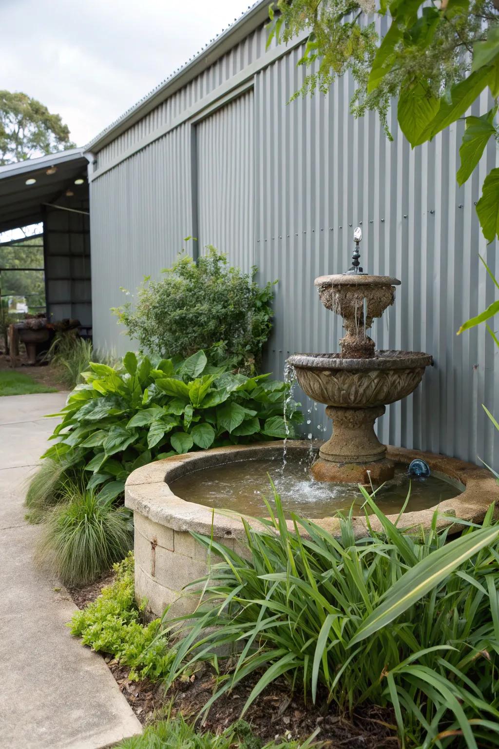 A calming stone fountain beside a metal structure.