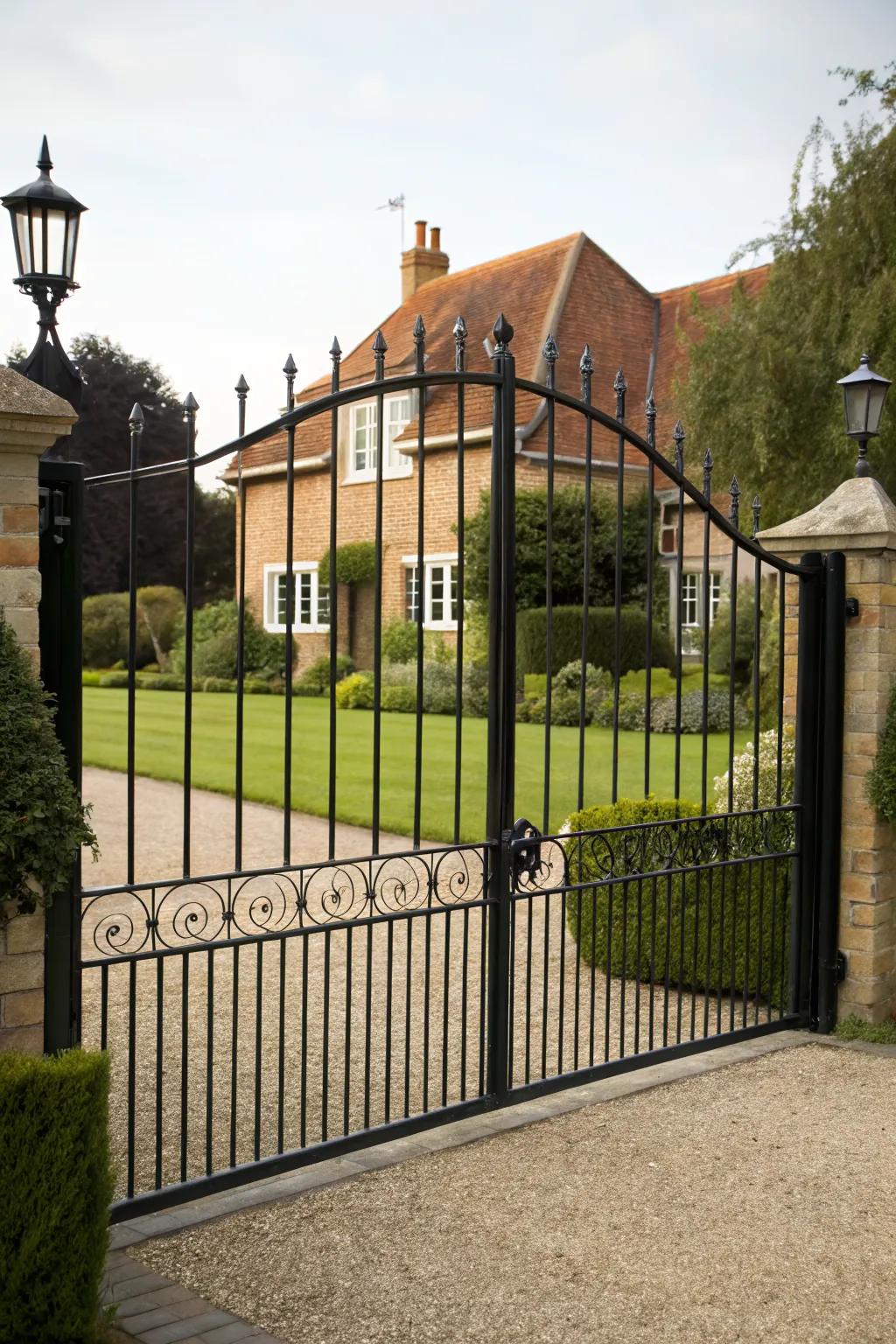 Classic black gates offer timeless elegance.