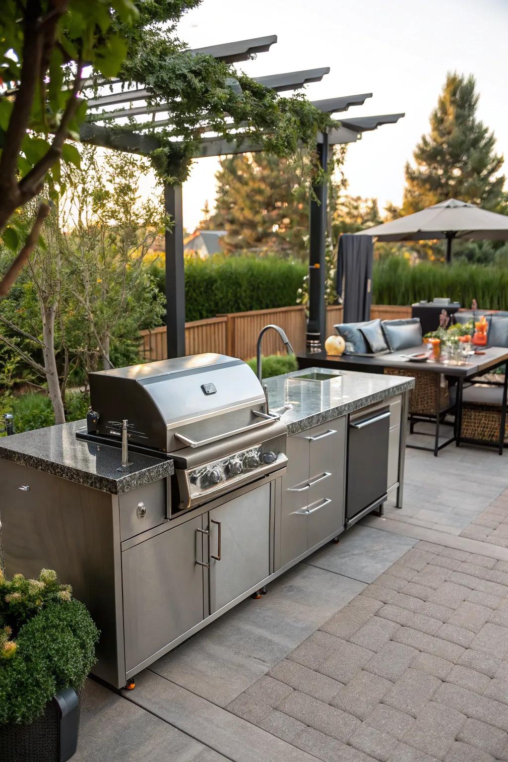 A metal outdoor kitchen turning this patio into an entertainer's dream.
