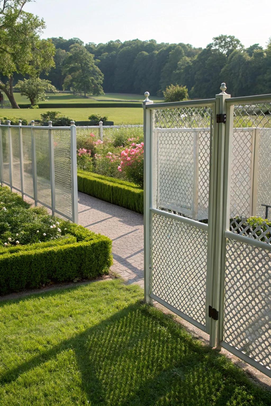 Spacious garden with a light and airy perforated metal fence and metal posts.