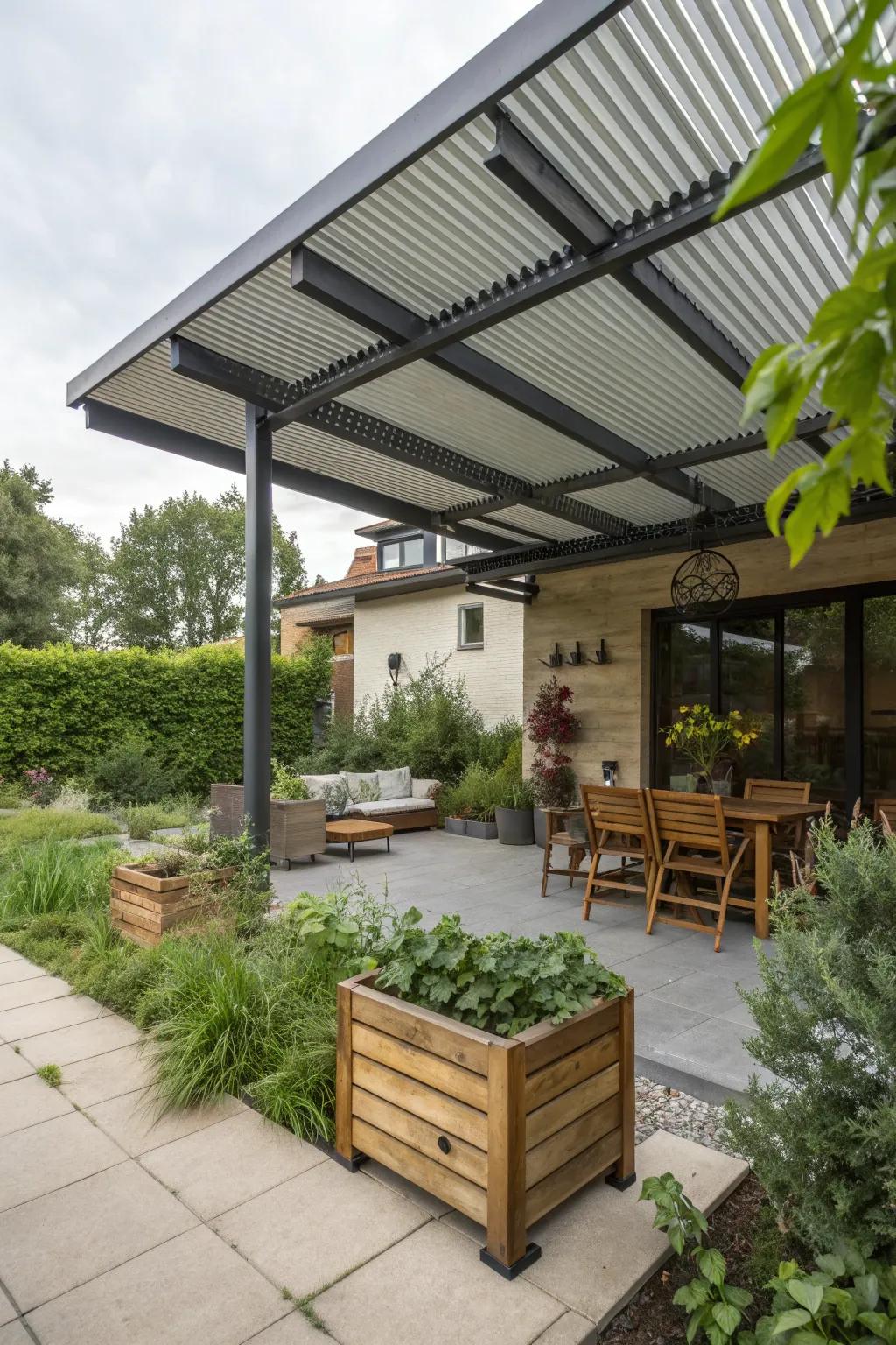 An eco-friendly patio design with sustainable materials.