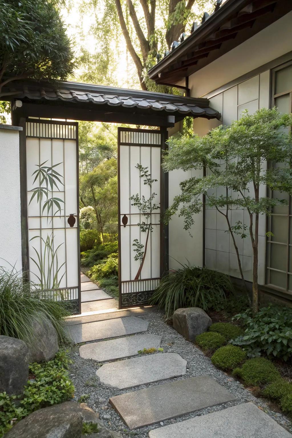 Japanese-inspired gate offers a tranquil, zen-like entrance