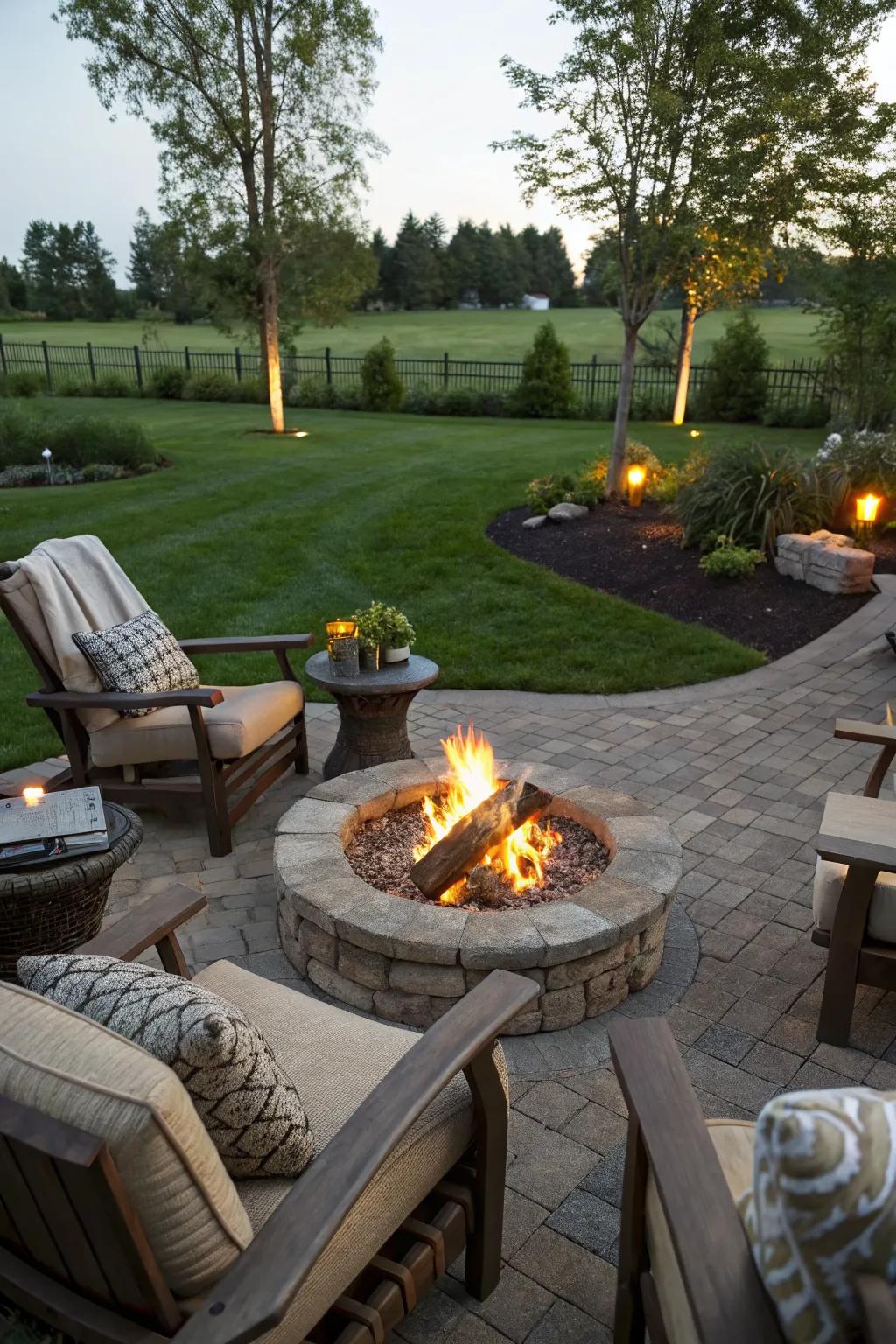 A fire pit creates a cozy gathering spot.
