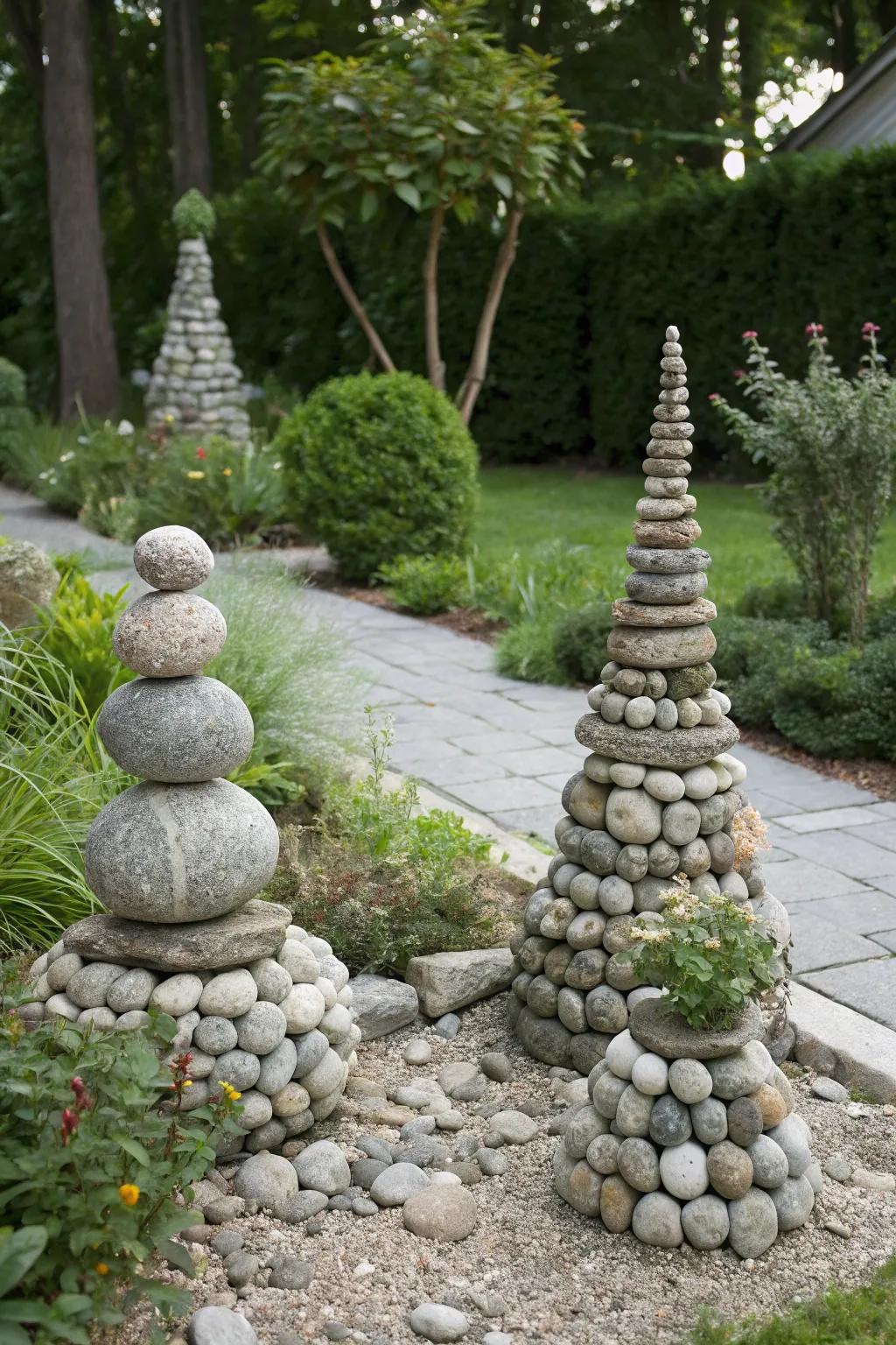 Express your creativity with pebble sculptures.