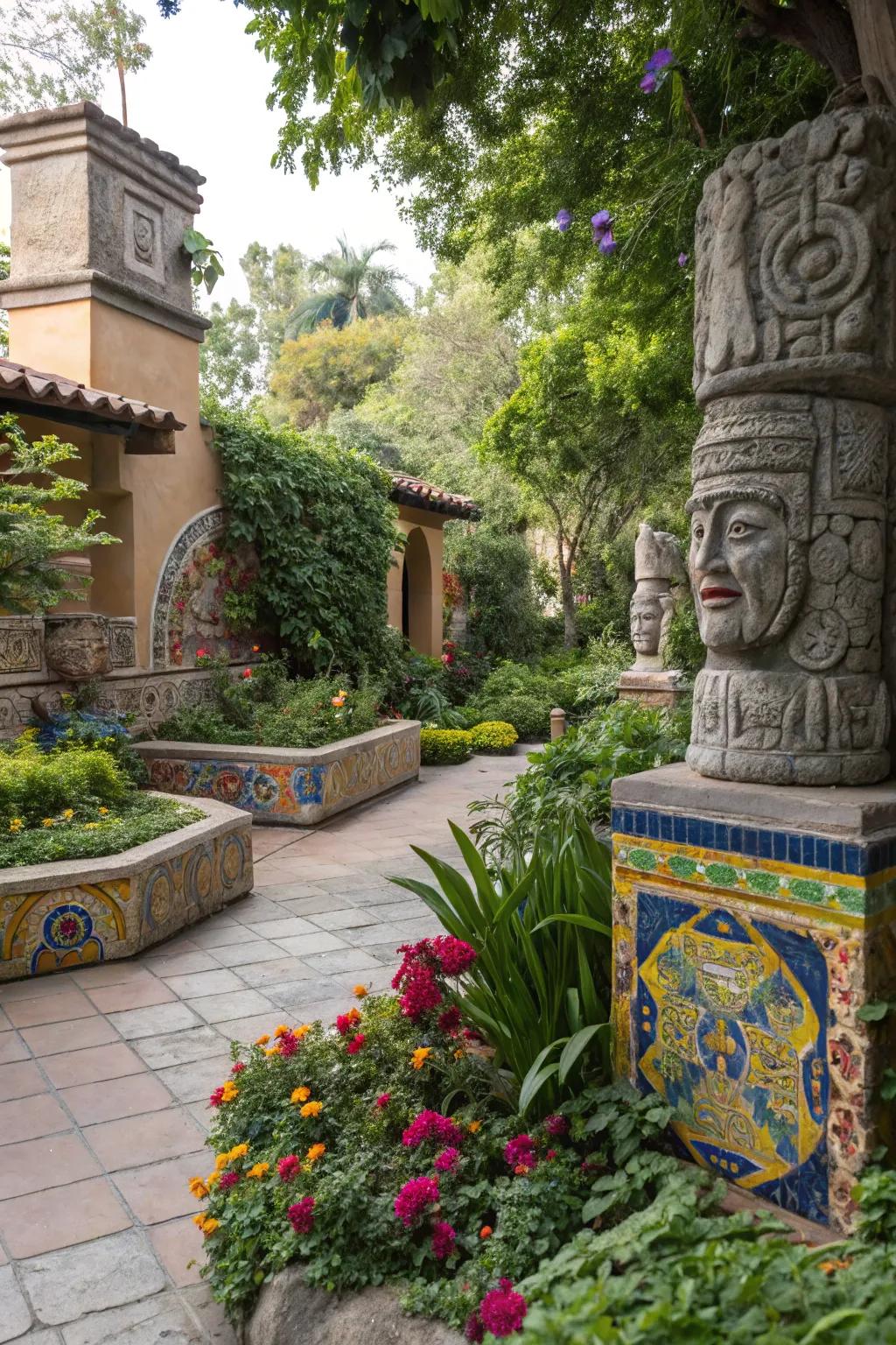 Cultural artifacts like Talavera tiles and Aztec sculptures enrich the garden.