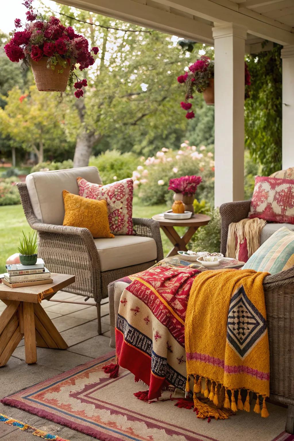 Colorful textiles bring warmth and comfort to patio seating.