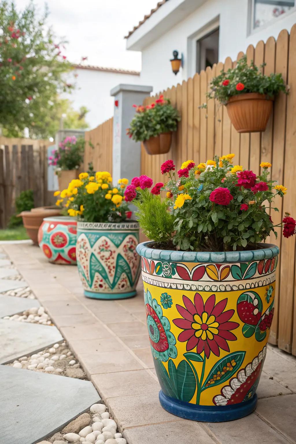 A patio with hand-painted Mexican folk art planters, showcasing vibrant creativity.