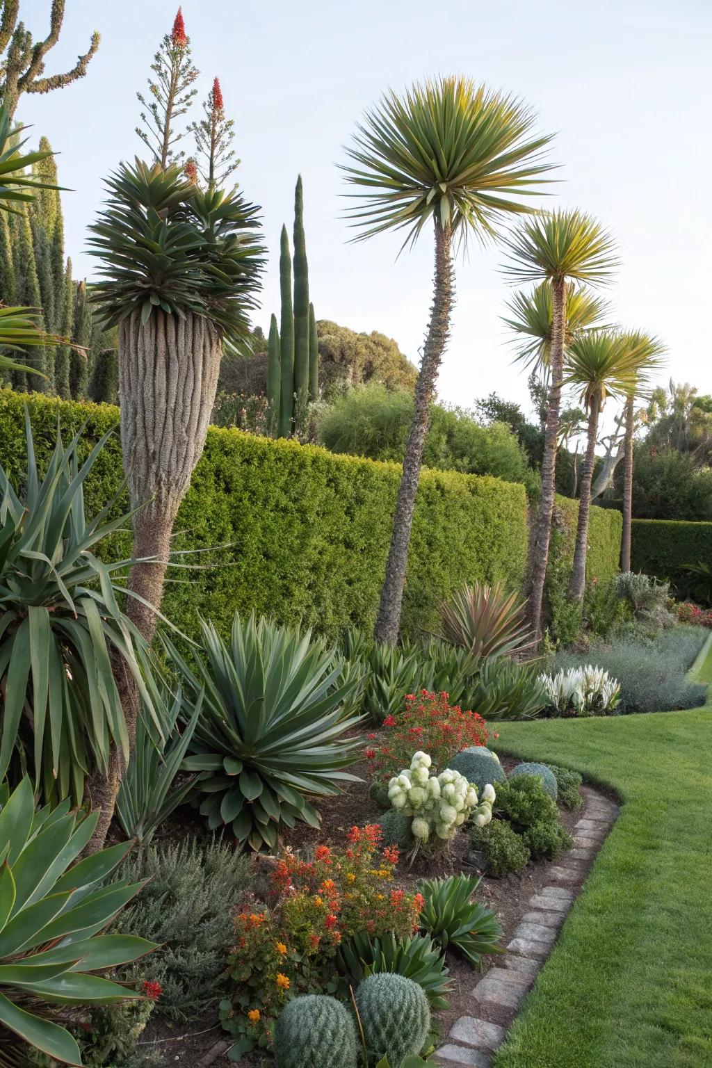 Architectural plants add dramatic focal points to the garden.