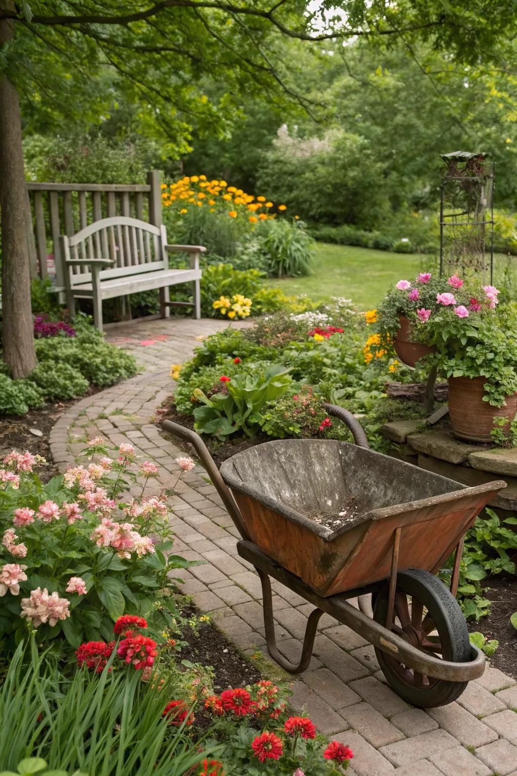 Rustic accents adding charm to the garden.