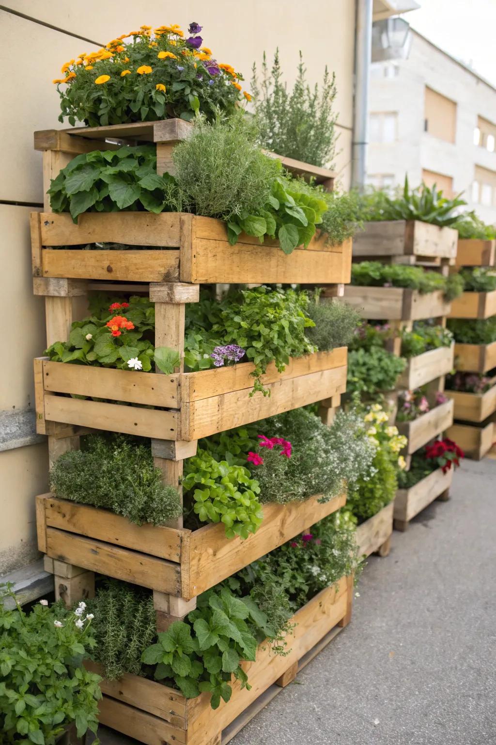 Wooden crates stacked to form a compact and efficient vertical garden.