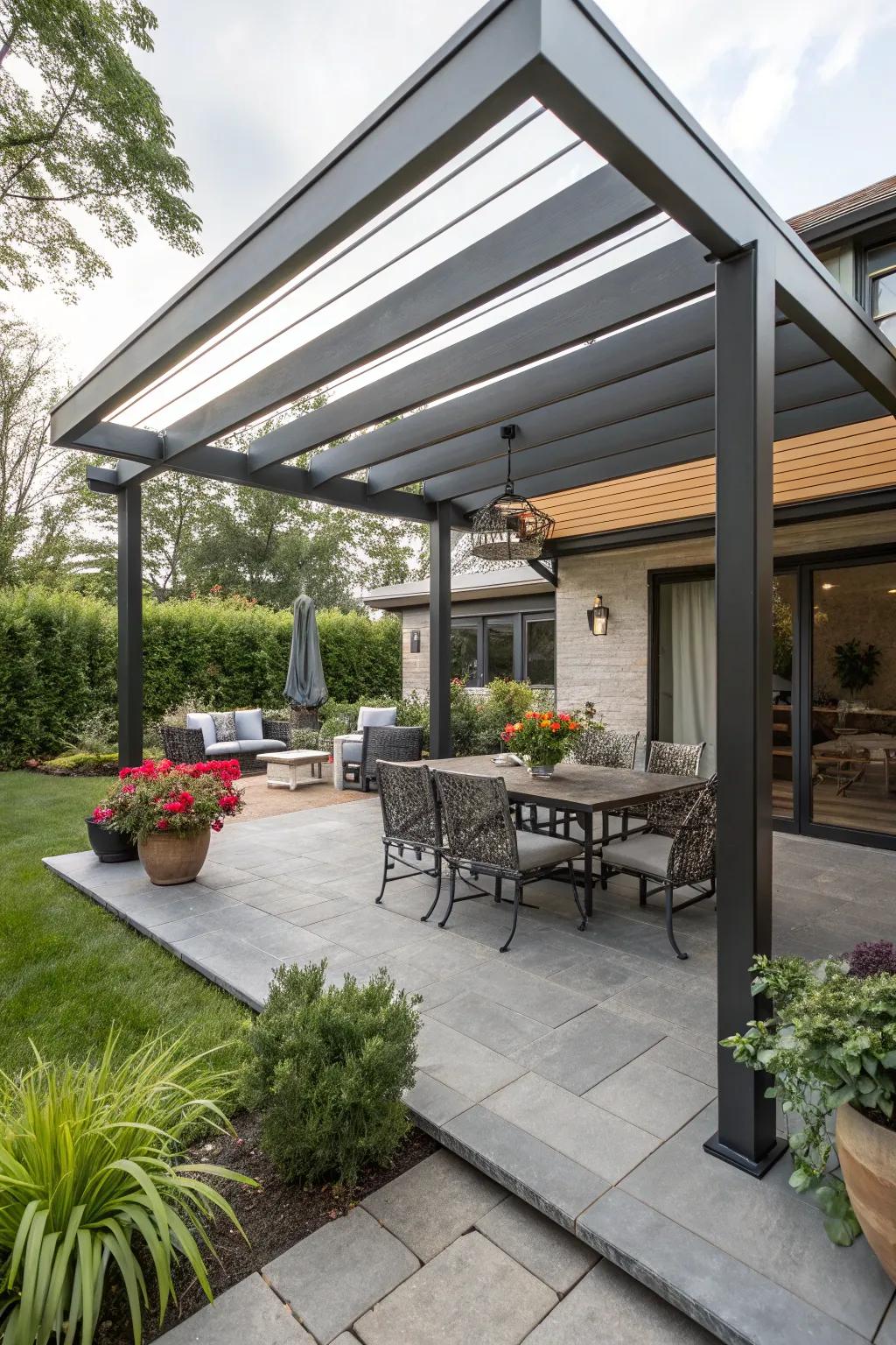 A modern pergola adds shade and style to this outdoor space.