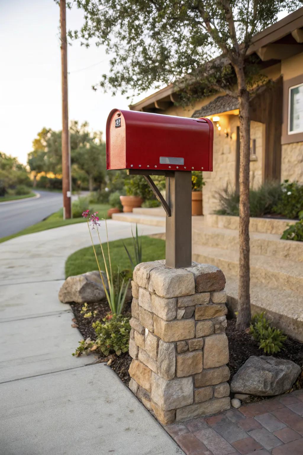 A mailbox set on a natural stone base for an earthy feel.