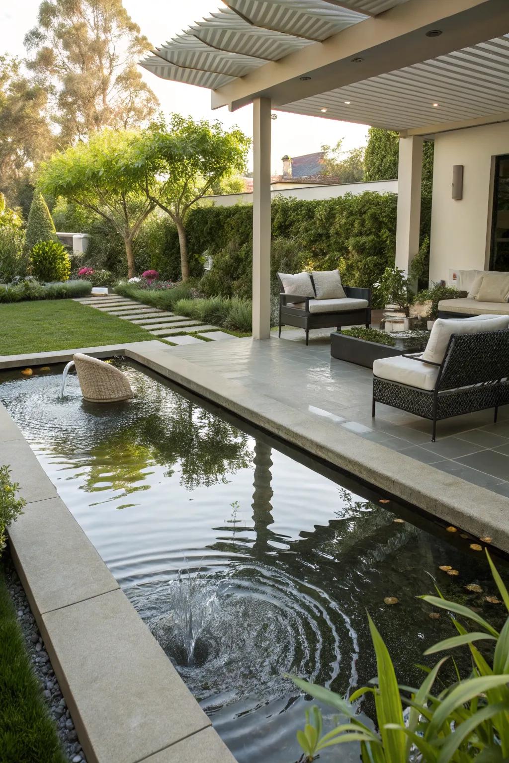 A reflective water feature adds tranquility and style to this patio.