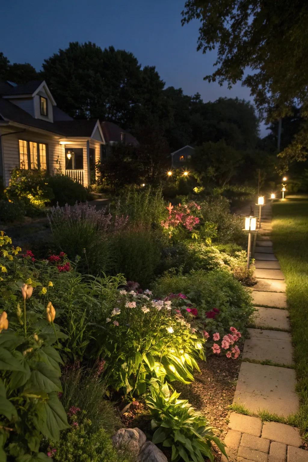Landscape lighting adds evening magic.