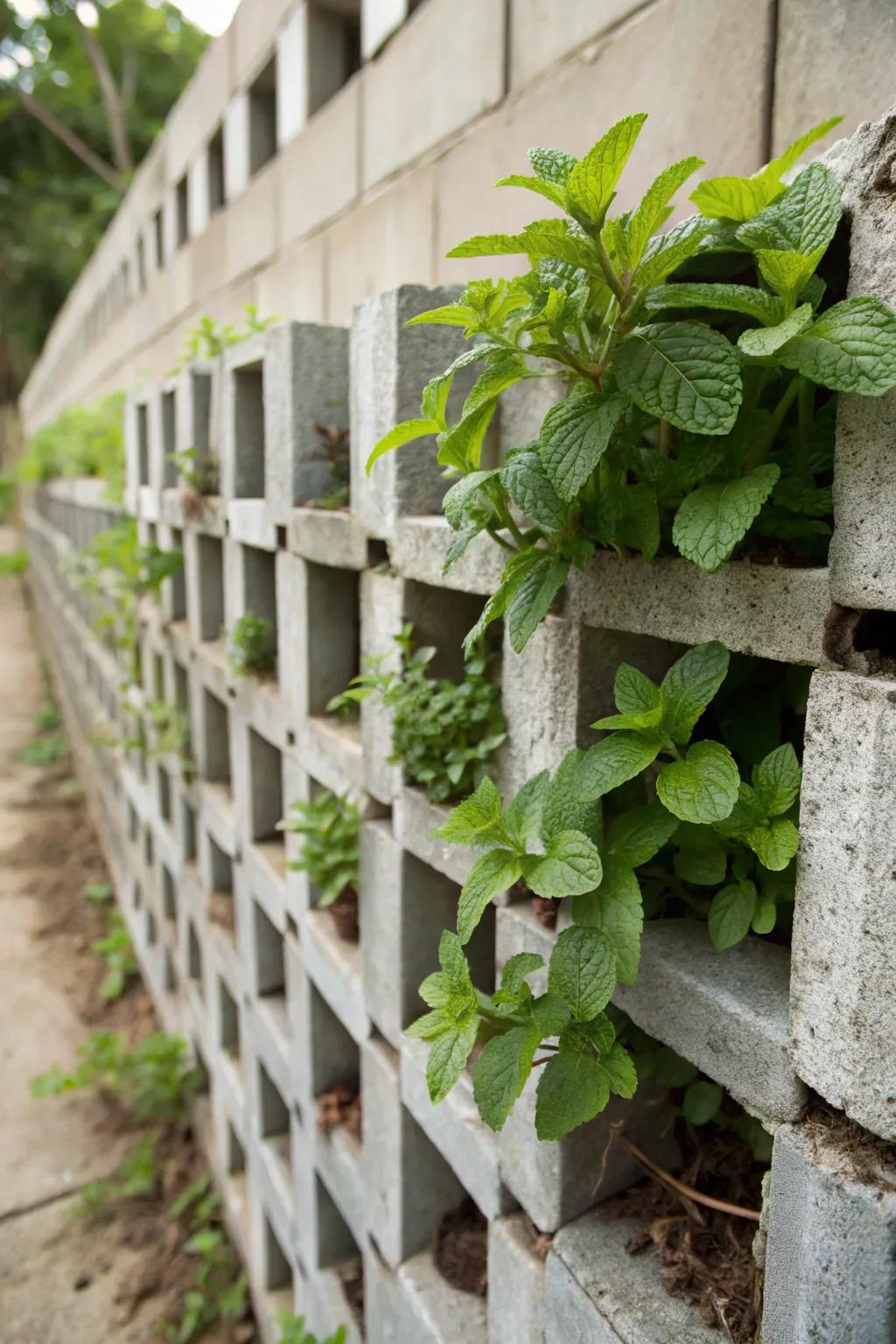 A modern cinder block wall transformed into a mint garden.