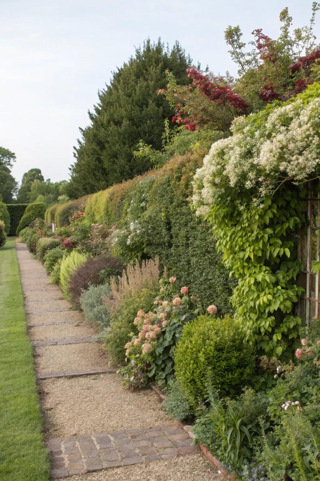 A mixed hedge with rustic charm using hardy plants.