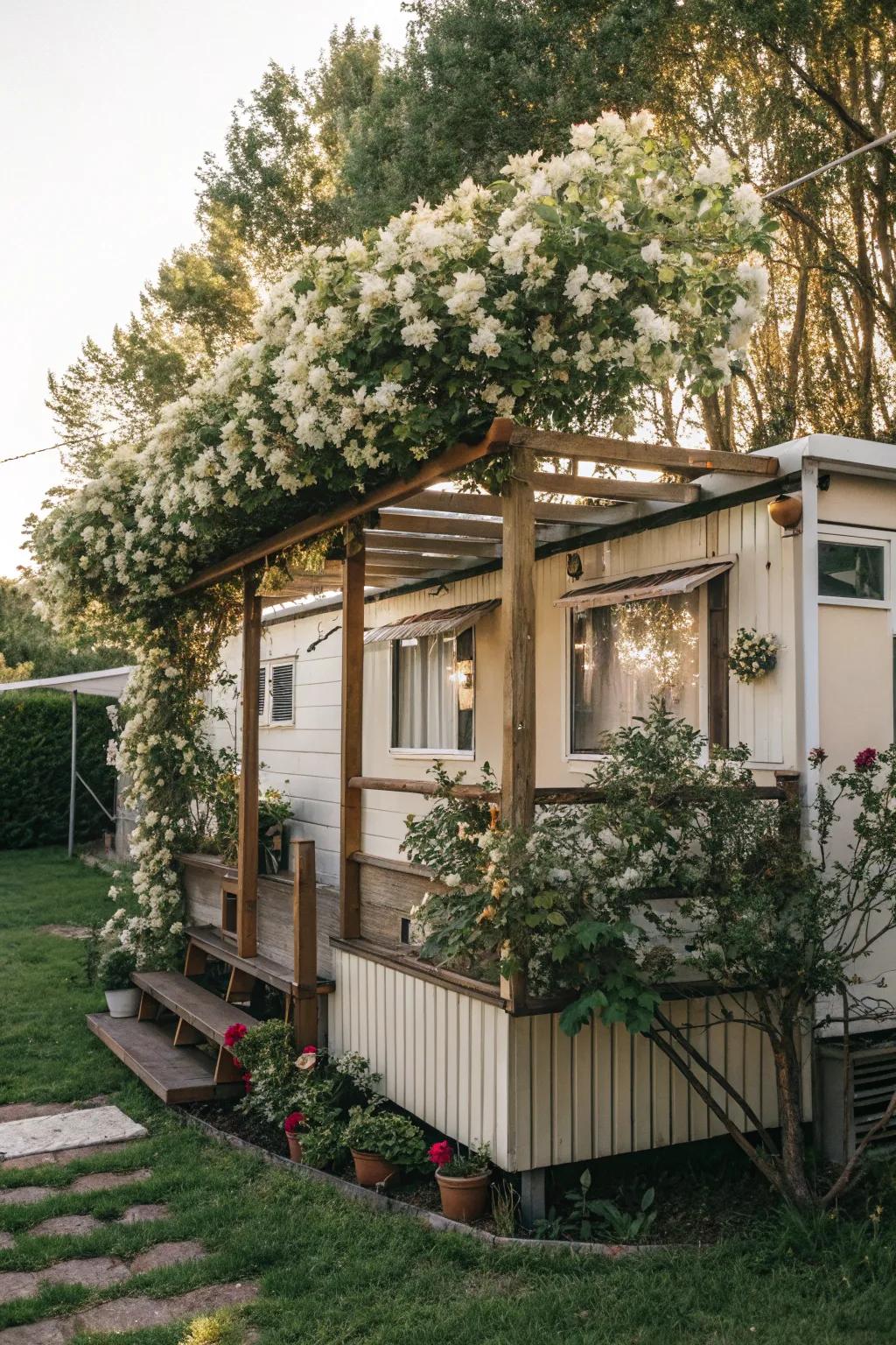 Climbing plants add natural beauty and privacy.