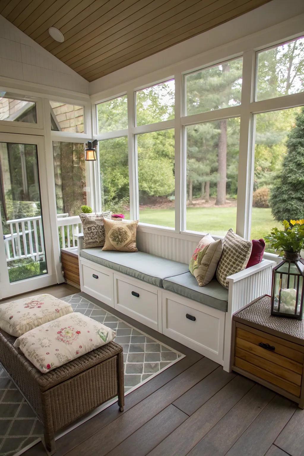 Smart furniture solutions enhancing the porch's functionality.