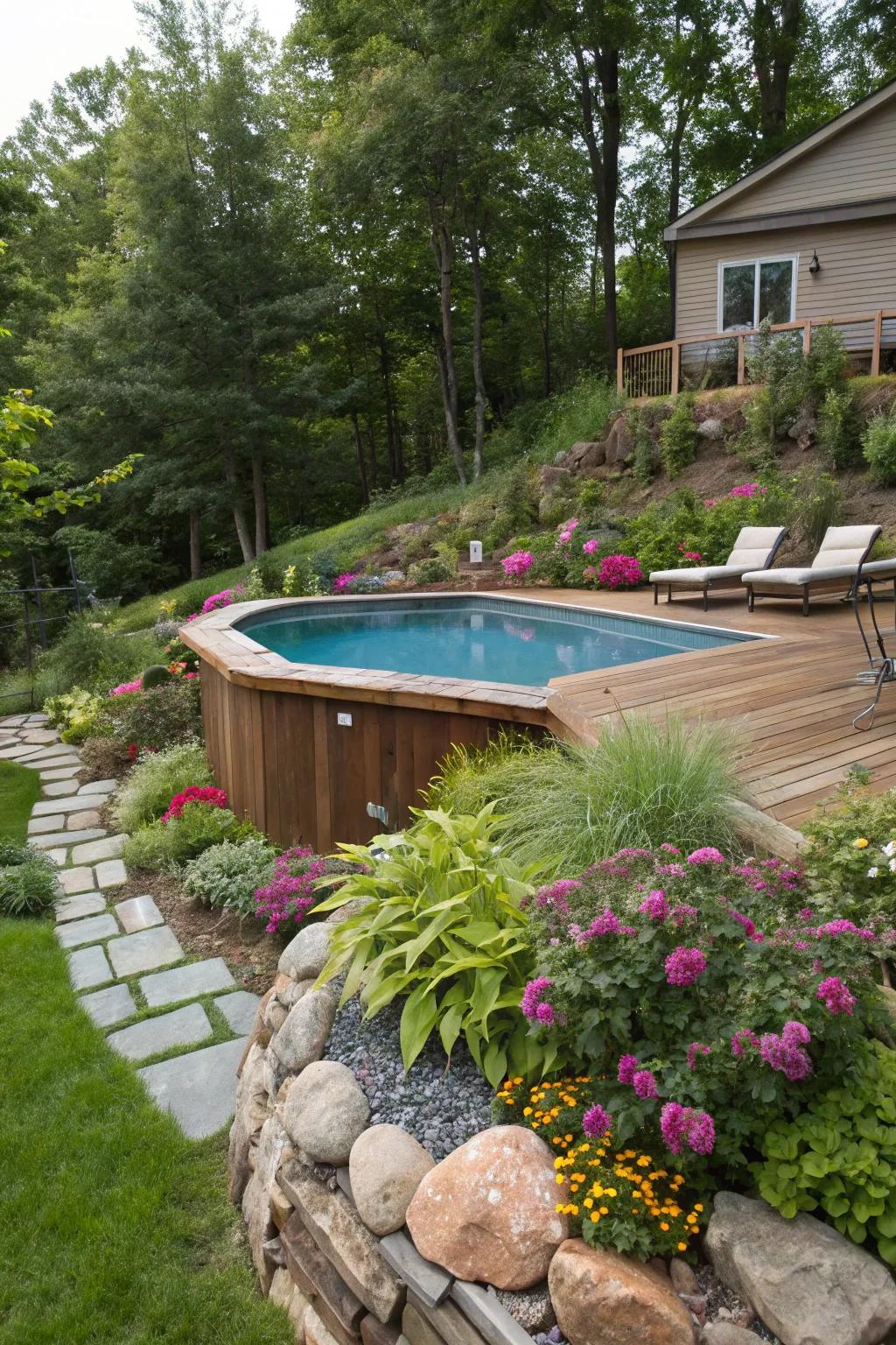 A semi-inground installation embraces the slope, making clever use of uneven terrain.