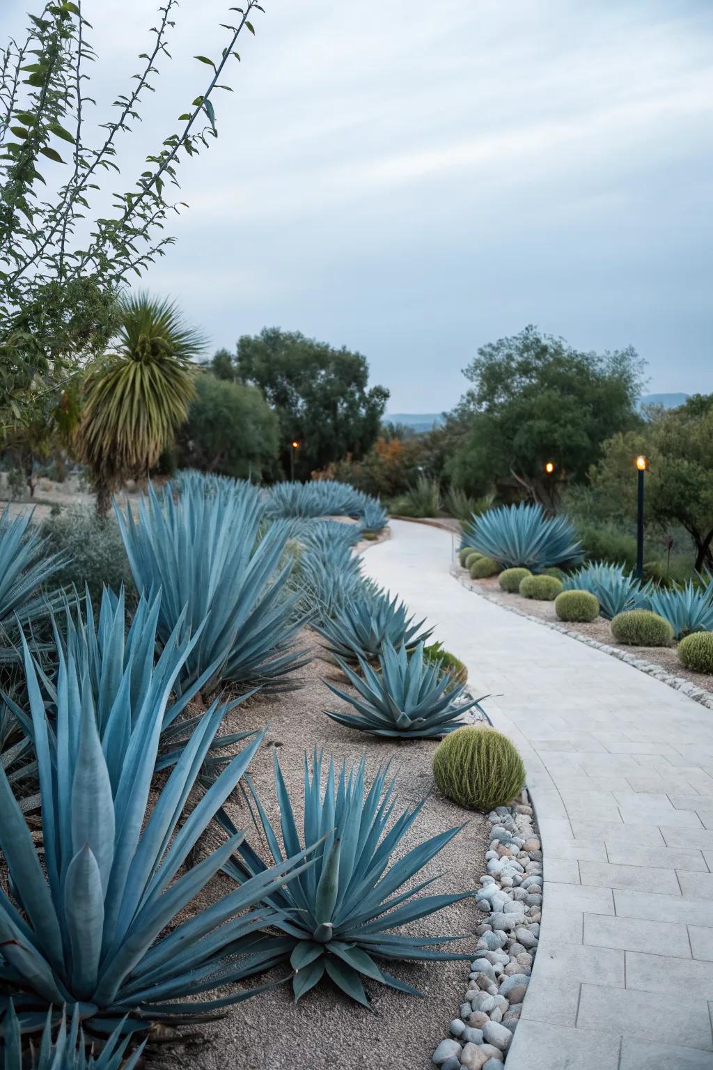Monochrome agave landscape for a tranquil garden.